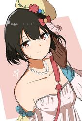  bare_shoulders beret black_hair blush bow closed_mouth collarbone dress female gekijouban_hibike!_euphonium gloves hairbow hand_up hat hibike!_euphonium hisaishi_kanade jewelry looking_at_viewer lulu_meme necklace off-shoulder_dress off_shoulder pearl_necklace red_bow red_eyes short_hair smile solo white_dress yellow_hat 