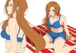  absurdres arm_at_side bare_shoulders bleach blue_bra bra breasts brown_eyes brown_hair cleavage collarbone curvy denim denim_shorts eyebrows_hidden_by_hair eyelashes female foot_out_of_frame frilled_bra frilled_shorts frills from_above from_side hair_ornament hair_over_shoulder highres inoue_orihime large_breasts long_hair looking_ahead looking_at_viewer multiple_views navel orange_scrunchie parted_bangs parted_lips profile scrunchie shorts simple_background sitting star_(symbol) star_hair_ornament tareme thighs underwear upper_body very_long_hair white_background wide-eyed wrist_scrunchie yokozuwari yshjsw 