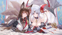  2girls absurdres amagi_(cv)_(azur_lane) anchor_choker animal_ears azur_lane bare_shoulders black_gloves breasts brown_gloves brown_hair cleavage ddal detached_sleeves double_bun dress eyeliner fox_ears fox_girl fox_tail gloves hair_bun hair_ornament highres horns kitsune large_breasts long_hair long_sleeves looking_at_viewer lying makeup multiple_girls official_art on_stomach pleated_skirt purple_eyes red_eyeliner red_pupils single_horn skirt tail the_pose very_long_hair watarase_(azur_lane) watermark white_dress white_horns white_skirt 