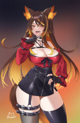  achromaru animal_ears black_bra bra bra_peek breasts brown_hair chains cleavage female fiery_ears highres indie_virtual_youtuber lace-trimmed_bra lace_trim large_breasts long_hair looking_at_viewer multicolored_hair orange_eyes sinder_(vtuber) smile solo streaked_hair tail thigh_strap thighhighs underwear virtual_youtuber wolf_ears wolf_girl wolf_tail 