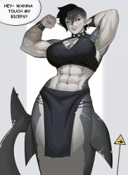  abs absurd_res animal_humanoid arm_tattoo big_breasts black_bottomwear black_clothing black_hair black_sclera black_topwear boonie8 bottomwear bracelet breasts cleavage clothed clothing collar dialogue ear_piercing eyelashes facial_piercing female first_person_view fish fish_humanoid fish_tail flexing flexing_bicep grey_background grey_body grey_scales hair hand_behind_head hi_res huge_breasts humanoid humanoid_pointy_ears jewelry looking_at_viewer marine marine_humanoid merfolk mohawk muscular muscular_female navel nose_piercing nose_ring notched_ear orange_eyes piercing pupils ring_piercing scales shark_humanoid sharp_teeth simple_background slit_pupils smile solo speech_bubble spiked_collar spikes split_form talking_to_viewer tattoo teeth text topwear white_background wide_hips 