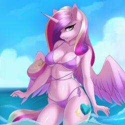  absurd_res alicorn anthro bikini biped blonde_hair breasts clothed clothing equid equine eyelashes female friendship_is_magic hair hasbro hi_res horn mammal multicolored_hair my_little_pony mythological_creature mythological_equine mythology pink_body pink_hair princess_cadance_(mlp) pupils purple_bikini purple_clothing purple_hair purple_swimwear side-tie_bikini smile solo string_bikini swimwear thick_thighs two-piece_swimsuit wings yutakira92 