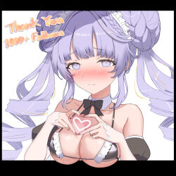  @_@ bare_shoulders bikini black_bikini blush breasts cleavage collarbone commentary_request double_bun drill_hair duel_monster english_text female hair_bun heart heart_hands highres long_hair medium_breasts milestone_celebration purple_hair selettrice_vaalmonica simple_background sirokuro_toho solo swimsuit thank_you twin_drills upper_body white_background yu-gi-oh! 