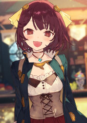  :d atelier_(series) atelier_sophie blue_coat blurry blurry_background blush breasts brown_eyes cleavage coat collared_coat commentary_request corset female head_scarf highres jewelry long_sleeves looking_at_viewer necklace noco_(adamas) oerba_yun_fang official_art open_clothes open_coat open_mouth red_hair red_skirt second-party_source short_hair skirt smile solo sophie_neuenmuller upper_body 