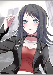  absurdres bang_dream! bang_dream!_it&#039;s_mygo!!!!! black_choker black_hair black_jacket blush border breasts chain_necklace chains choker cleavage commentary_request crop_top cropped_shirt drop_shadow female grey_border hair_between_eyes highres jacket jewelry long_hair long_sleeves medium_breasts necklace open_mouth red_shirt sandman_(gm4zfijcwbz3g4y) shirt sidelocks solo teeth upper_teeth_only yahata_umiri 