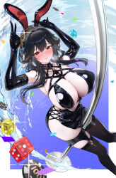  absurdres alternate_costume animal_ears arms_up azur_lane bare_shoulders black_gloves black_hair black_thighhighs blush breasts calder chen_hai_(azur_lane) cleavage_cutout clothing_cutout dice dress elbow_gloves female gloves hair_ornament hairband highres holding holding_pole large_breasts latex latex_dress latex_gloves long_hair looking_at_viewer navel playboy_bunny poker_chip pole pole_dancing rabbit_ears red_eyes skindentation solo stripper_pole thighhighs water wet 