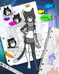  :3 animal_ears armor bare_shoulders barefoot black_fur black_hair bloopy body_fur cat_ears cat_girl cat_tail chibi claws dungeon_meshi english_commentary female highres izutsumi leather_armor midriff mismatched_animal_ear_colors scarf scrapbook short_hair slit_pupils tail 