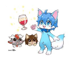  3_toes 5_fingers absurd_res alcohol anthro beer beverage blue_body blue_fur blue_hair blush blush_lines bovid canid canine caprine collar cornu feet fingers fox fur goat group hair hi_res kemono male mammal mikey_(mikey_fox) open_mouth pagi_(character) toes trio 