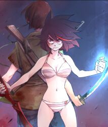  1boy back-to-back black_hair bra breasts brown_hair commentary_request cowboy_shot dai_(mebae16) female gun gun_on_back holding holding_sword holding_weapon katana kill_la_kill looking_at_viewer matoi_ryuuko medium_breasts medium_hair multicolored_hair navel panties scissor_blade_(kill_la_kill) short_sleeves siren_(series) siren_1 streaked_hair striped_bra striped_clothes striped_panties suda_kyouya sword underwear underwear_only v-shaped_eyebrows weapon weapon_on_back 