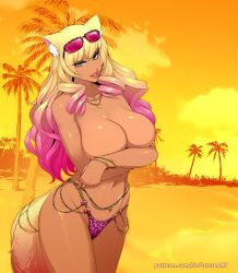  animal_ears animal_print beach belly_chain bikini bikini_bottom_only blonde_hair breasts covering_breasts covering_privates eyewear_on_head fate/grand_order fate_(series) female fox_ears fox_girl fox_tail gradient_hair gyaru heart heart_necklace heart_tan highres huge_breasts jewelry large_breasts leopard_print looking_at_viewer multicolored_hair navel necklace nofuture outdoors palm_tree pink_bikini pink_hair standing sunglasses suzuka_gozen_(fate) suzuka_gozen_(swimsuit_rider)_(fate) suzuka_gozen_(swimsuit_rider)_(second_ascension)_(fate) swimsuit tail tan topless tree yellow_eyes 