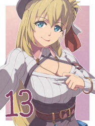  :p agnes_claudel belt blonde_hair blue_eyes border breasts chiharu_(9654784) collared_shrug commentary_request countdown eiyuu_densetsu eyelashes female highres jewelry kai_no_kiseki kuro_no_kiseki_(series) large_breasts looking_at_viewer necklace outside_border pov red_background solo tongue tongue_out white_border 