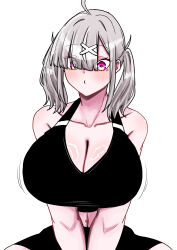  absurdres ahoge alternate_costume arms_under_breasts bare_shoulders bike_shorts black_shorts black_sports_bra blush breasts cleavage collarbone crop_top cross_hat_ornament eyes_visible_through_hair female frim_02 grey_hair hair_ornament hair_over_one_eye highres huge_breasts long_hair midriff mole mole_under_eye navel nijisanji purple_eyes shorts simple_background solo sports_bra sportswear sukoya_kana virtual_youtuber white_background x_hair_ornament 