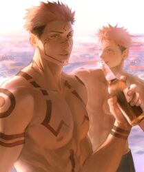  2boys abs body_markings bottle eulbhitomi extra_eyes facial_mark holding holding_bottle itadori_yuuji jujutsu_kaisen large_pectorals looking_at_viewer male_focus multiple_boys muscular muscular_male nipples parted_lips pectorals pink_hair ryoumen_sukuna_(jujutsu_kaisen) short_hair spiked_hair 