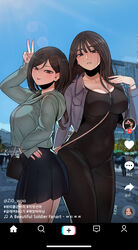  2girls :p absurdres arm_up bdpp beautiful_gunbari black_dress black_eyes black_hair blue_jacket blue_skirt breasts clenched_teeth dress highres im-dana jacket large_breasts looking_at_viewer midriff multiple_girls open_mouth skirt teeth tiktok tongue tongue_out v woo_jiyoung 