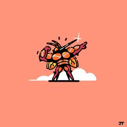  buzzwole commentary flexing full_body glint highres james_turner legs_apart notice_lines orange_background outstretched_arm pokemon pokemon_(creature) pose signature solo standing 