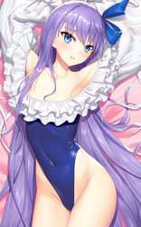  armpits arms_up bangs bare_shoulders blue_bow blue_eyes blue_swimsuit blush bow breasts collarbone covered_navel dakimakura fate/grand_order fate_(series) female frills knee_up long_hair looking_at_viewer meltryllis meltryllis_(swimsuit_lancer)_(fate) off-shoulder_swimsuit one-piece_swimsuit parted_lips puffy_sleeves purple_hair shadowgrave sleeves_past_wrists small_breasts swimsuit thighs very_long_hair 