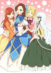  4girls :d arm_grab ascot asymmetrical_bangs bad_id bad_pixiv_id blonde_hair blue_ascot blue_bow blue_dress bow bowtie bracelet braid breasts brooch brown_eyes brown_hair choker cleavage closed_eyes closed_mouth collared_shirt commentary crown_braid dress earrings flower frilled_choker frills girl_sandwich gloves green_ribbons hair_flower hair_ornament hair_ribbon hairbow harem high_collar hiyult jewelry katarina_claes long_dress long_hair long_sleeves looking_at_another looking_at_viewer maria_campbell mary_hunt medium_breasts multiple_girls open_mouth orange_choker orange_dress orange_flower orange_rose otome_game_no_hametsu_flag_shika_nai_akuyaku_reijou_ni_tensei_shite_shimatta parted_lips pink_background pink_dress red_eyes ribbon rose sandwiched shirt short_hair short_sleeves smile sophia_ascart standing textless_version white_gloves white_hair white_shirt wing_collar yuri 