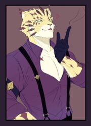  absurd_res anthro border clothing felid fur gloves handwear hi_res izm_rm7 leopard lifewonders male mammal markings muscular muscular_anthro muscular_male ose_(tas) pantherine pecs purple_border solo spots spotted_body spotted_fur suspenders tokyo_afterschool_summoners yellow_body yellow_fur 