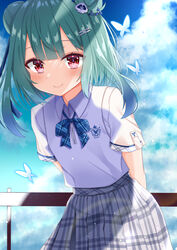  alternate_costume arms_behind_back blue_hair blue_sky bow bowtie closed_mouth collared_shirt day divergenceok double_bun female gradient_hair green_hair grey_skirt hair_bun hair_ornament hair_ribbon hairclip highres hololive leaning_forward looking_at_viewer miniskirt multicolored_hair outdoors pleated_skirt red_eyes ribbon school_uniform shirt short_hair sidelocks skirt skull_hair_ornament sky smile solo uruha_rushia virtual_youtuber white_shirt 