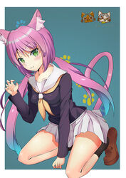  1501897688 :3 animal_ears black_shirt blue_hair border breasts brown_footwear cat_ears cat_girl cat_tail claw_pose commentary_request female green_eyes kneeling long_hair long_sleeves looking_at_viewer low_twintails medium_breasts multicolored_hair murenase!_shiiton_gakuen neckerchief nekomai_kurumi photoshop_(medium) pleated_skirt purple_hair sailor_collar school_uniform serafuku shiiton_gakuen_school_uniform shirt simple_background skirt solo streaked_hair tail thighs twintails very_long_hair white_border white_sailor_collar white_skirt yellow_neckerchief 