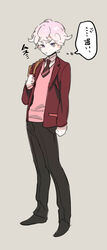  1boy alternate_costume bede_(pokemon) black_footwear black_pants closed_mouth collared_shirt commentary_request curly_hair full_body grey_background holding_strap hopokm jacket long_sleeves looking_at_viewer male_focus necktie open_clothes open_jacket pants pink_sweater pokemon pokemon_swsh purple_eyes red_jacket school_uniform shirt shoes short_hair solo standing sweater thought_bubble white_shirt 