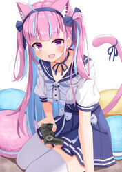  :d absurdres ahoge anchor_symbol animal_ears arm_support blue_hair blue_hairband blue_ribbon blue_skirt blunt_bangs blush cat_ears cat_girl cat_tail colored_inner_hair commentary controller divergenceok dualshock female food-themed_pillow frilled_shirt_collar frills game_controller gamepad hair_ribbon hairband high-waist_skirt highres hololive long_hair looking_at_viewer macaron-shaped_pillow minato_aqua minato_aqua_(sailor) multicolored_hair official_alternate_costume open_mouth playstation_controller pleated_skirt purple_eyes purple_hair ribbon sailor_collar school_uniform seiza serafuku shirt sidelocks simple_background sitting skindentation skirt smile solo streaked_hair tail thick_thighs thighhighs thighs two-tone_hair two_side_up underbust virtual_youtuber white_background white_shirt white_thighhighs zettai_ryouiki 