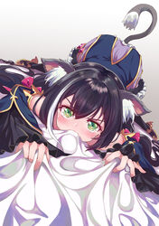  all_fours animal_ear_fluff animal_ears bed_sheet black_footwear black_hair black_thighhighs blush cat_ears cat_girl cat_tail commentary detached_sleeves dress fangs female frills highres kaltoma karyl_(princess_connect!) long_hair long_sleeves looking_at_viewer multicolored_hair princess_connect! sheet_bite sheet_grab solo streaked_hair tail tears thighhighs top-down_bottom-up white_background white_hair 