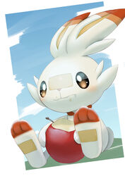  :t apple bandaid bandaid_on_face bandaid_on_nose bitten_apple blush brown_eyes closed_mouth commentary eating food food_bite food_on_face fruit highres holding holding_food holding_fruit no_humans pokemon pokemon_(creature) purobe scorbunny sitting solo toes 