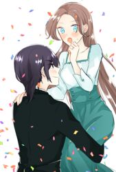  1boy 3so4ru5959 asymmetrical_bangs bad_id bad_pixiv_id black_eyes black_hair black_jacket blazer blush brown_hair closed_mouth commentary_request confetti dress earrings female frown green_dress highres jacket jewelry katarina_claes lifting_person long_hair long_sleeves looking_at_another nicol_ascart open_mouth otome_game_no_hametsu_flag_shika_nai_akuyaku_reijou_ni_tensei_shite_shimatta ring short_hair smile straight sweatdrop wedding_ring white_background 