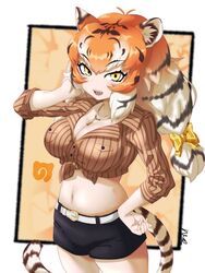  alternate_costume bad_id bad_twitter_id belt black_hair blush bow collarbone commentary_request cowboy_shot crop_top denim denim_shorts female hairbow highres jewelry kemono_friends kemono_friends_3 long_hair midriff multicolored_hair navel necklace oerba_yun_fang open_mouth orange_hair sekitsuki_hayato shirt short_shorts short_sleeves shorts siberian_tiger_(kemono_friends) striped_clothes striped_hair striped_shirt tail tied_shirt twintails white_belt white_hair yellow_eyes 