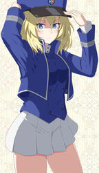  ada_badguy bc_freedom_(emblem) bc_freedom_military_uniform blonde_hair blue_eyes blue_hat blue_jacket blue_vest dress_shirt emblem female girls_und_panzer hat high_collar highres jacket kepi long_sleeves looking_at_viewer medium_hair messy_hair military_hat oshida_(girls_und_panzer) pleated_skirt shirt skirt solo vest white_shirt white_skirt 