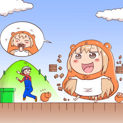  1boy :d ^_^ barefoot black_hair blonde_hair blush_stickers brick brown_footwear closed_eyes cloud commentary_request cosplay doma_taihei doma_umaru female flying_sweatdrops giant giantess glasses hamster hamster_costume hamster_hood height_difference highres hill himouto!_umaru-chan industrial_pipe kinoko_no_yama kobayashimannga komaru_(himouto!_umaru-chan) long_hair long_sleeves mario mario_(cosplay) mario_(series) mushroom open_mouth outdoors overalls parody red_shirt scared shirt shoes size_difference smile speech_bubble spoken_character super_mario_bros._1 toes very_long_hair warp_pipe 