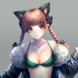  animal_ears bikini black_bow bow braid breasts brown_eyes brown_hair cat_ears coat female green_bikini grey_background hairbow hand_up highres holding kaenbyou_rin light long_hair looking_to_the_side medium_breasts open_mouth orange_eyes shadow solo swimsuit tabiji_(tabiji_s) touhou twin_braids upper_body 