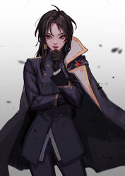  absurdres ahoge arm_under_breasts black_cape black_coat black_eyes black_gloves black_hair black_pants blurry buttons cape clenched_hand coat commentary_request cowboy_shot female female_lord_(lord_of_heroes) gloves gradient_background grey_background grey_eyes hair_tubes hand_to_own_mouth hand_up highres long_hair long_sleeves looking_at_viewer looking_away looking_to_the_side lord_(lord_of_heroes) lord_of_heroes military military_uniform pale_skin pants parted_bangs parted_hair parted_lips red_lips solo soomin8879 thick_eyebrows thinking uniform v-shaped_eyebrows white_background 