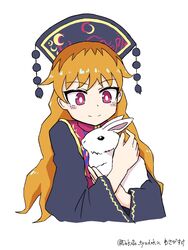  animal animal_ears artist_name black_dress black_headwear blonde_hair blush chinese_clothes closed_mouth crescent dress female hands_up hat junko_(touhou) long_hair long_sleeves looking_at_another orange_hair phoenix_crown pom_pom_(clothes) rabbit rabbit_ears red_eyes red_vest simple_background smile touhou upper_body vest wasabisuke white_background wide_sleeves 