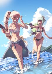  2girls :d ;d absurdres barefoot bikini black_bikini blue_sky bow breasts brown_eyes collarbone commentary_request day feet green_eyes green_hair hair_ribbon highres holding holding_water_gun kantai_collection knees_together_feet_apart large_breasts legs long_hair looking_at_another medium_breasts mrdotd multiple_girls navel ocean official_alternate_costume one_eye_closed orange_bow outdoors pink_hair playing ponytail ribbon sarong sky smile splashing sunlight swimsuit toes very_long_hair wading water_gun white_bikini white_ribbon yura_(kancolle) yuubari_(kancolle) yuubari_kai_ni_(swimsuit_mode)_(kancolle) 