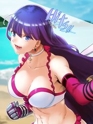  :d abs aoba_(smartbeat) beach bikini blue_eyes blue_sky breasts choker cleavage clenched_hand commentary_request cross day earrings elbow_gloves fate/grand_order fate_(series) female gauntlets gloves highres jewelry large_breasts long_hair martha_(fate) martha_(swimsuit_ruler)_(fate) martha_(swimsuit_ruler)_(third_ascension)_(fate) navel ocean open_mouth outdoors pink_gloves purple_hair sky smile solo swimsuit upper_body very_long_hair white_bikini white_choker 