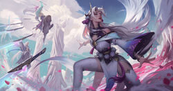  2boys alternate_costume artist_name black_pants blue_eyes boots bracelet breasts chenbo cleavage cloud detached_sleeves dress english_commentary eyeshadow falling_petals female fighting_stance fingernails floating_hair hair_ornament highres holding holding_sword holding_weapon incoming_attack irelia jewelry jumping league_of_legends long_hair long_sleeves makeup medium_breasts multiple_boys nail_polish open_clothes outdoors pants parted_bangs petals pink_lips ponytail red_nails rock sharp_fingernails single_detached_sleeve single_sleeve sky spirit_blossom_(league_of_legends) spirit_blossom_yasuo spirit_blossom_yone sword thighhighs weapon white_dress white_hair white_thighhighs wind yasuo_(league_of_legends) yone_(league_of_legends) 