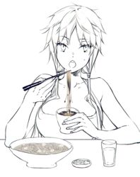  alpha_signature bare_shoulders bowl chopsticks collarbone commentary_request cup eating female food genderswap_(mtf) glass greyscale hair_ornament holding holding_chopsticks holding_food izumi_kouhei long_hair looking_at_viewer low_twintails monochrome noodles open_mouth pepper_fever rule_63 simple_background sitting sleeveless solo twintails upper_body water white_background world_trigger 