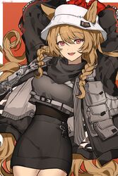  absurdres animal_ears arknights arms_up belt belt_buckle black_jacket black_skirt border braid breasts brown_hair buckle ceobe_(arknights) ceobe_(unfettered)_(arknights) chains chinese_commentary commentary cowboy_shot crop_top dog_ears dog_girl ears_through_headwear female gloves hair_between_eyes high-waist_skirt highres jacket long_hair looking_at_viewer miniskirt oerba_yun_fang open_mouth orange_background oversized_clothes pocket red_eyes red_gloves scarf signature simple_background skin_fang skirt smile solo twice12314 twin_braids very_long_hair white_background white_headwear 