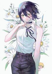  1boy bai_xin black_choker black_hair black_ribbon black_shorts blush breasts chainsaw_man chibi chinese_commentary choker closed_mouth collared_shirt cowboy_shot daisy denji_(chainsaw_man) eyelashes female floating_hair floral_background flower green_eyes grenade_pin grey_background hair_between_eyes high-waist_pants lips looking_at_viewer medium_breasts neck_ribbon nervous_sweating pants pulling reze_(chainsaw_man) ribbon shirt shirt_tucked_in short_hair shorts simple_background sleeveless sleeveless_shirt smile solo_focus sweat sweatdrop white_shirt wind wing_collar 