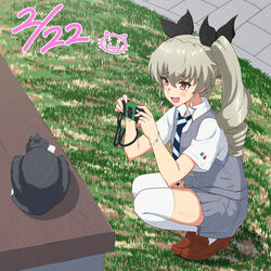  :d ada_badguy alternate_costume anchovy_(girls_und_panzer) bench black_ribbon blue_necktie bracelet brown_footwear camera cat_day dated drill_hair feline female full_body girls_und_panzer green_hair grey_skirt grey_vest hair_ribbon highres holding holding_camera italian_flag_print jewelry loafers long_hair necktie red_eyes ribbon school_uniform shirt shoes short_sleeves skirt smile squatting striped_necktie thighhighs twin_drills vest white_legwear white_shirt 