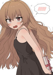  aisaka_taiga armpit_crease arms_behind_back back bare_shoulders black_dress blush bow brown_eyes check_commentary collarbone commentary commentary_request dress dress_bow dutch_angle female flat_chest from_side gift hair_between_eyes highres holding holding_gift korean_commentary light_brown_hair long_hair looking_ahead nakta oerba_yun_fang open_mouth see-through_silhouette sidelocks simple_background solo spaghetti_strap spoken_blush standing sweatdrop toradora! turning_head v-shaped_eyebrows very_long_hair wavy_hair wavy_mouth white_background 