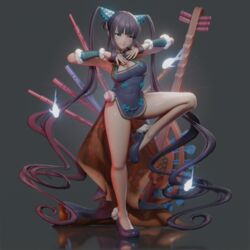  3d absurdly_long_hair animated animated armpits bare_shoulders breasts commentary fate/grand_order fate_(series) female grey_background high_heels large_breasts leg_up long_hair purple_hair simple_background smile solo standing thick_thighs thighs ucupumar very_long_hair yang_guifei_(fate) yang_guifei_(second_ascension)_(fate) 