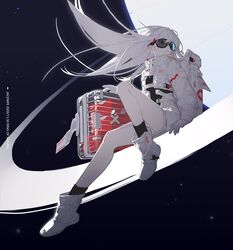  ankle_boots backpack bag boots briefcase commentary english_commentary female gloves goggles highres jacket jacknife long_hair nike_(company) original saturn_(planet) shoe_box sitting solo space spacesuit white_gloves white_hair white_jacket 