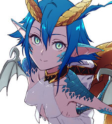  backless_dress backless_outfit bad_id bad_pixiv_id blue_eyes blue_hair blue_scales claws close-up dragon_girl dragon_horns dragon_tail dragon_wings dress female hair_between_eyes horns kaburagi_yuki looking_at_viewer looking_up monster_girl monster_musume_no_oisha-san pointy_ears scales short_hair simple_background skadi_dragenfelt slit_pupils solo tail white_background white_dress wings 