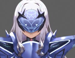  armor armored_dress blue_armor blue_dress breastplate breasts dress fate/grand_order fate_(series) female highres long_hair mask melusine_(fate) melusine_(first_ascension)_(fate) nanaku_teiru pauldrons shoulder_armor sidelocks small_breasts solo white_hair 