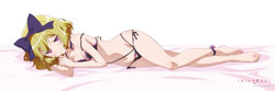  absurdres bare_legs bare_shoulders barefoot bikini blonde_hair bow breasts choker dakimakura_(medium) elly_(tonari_no_kyuuketsuki-san) female full_body hair_ribbon hairbow highres looking_at_viewer lying navel official_art on_bed on_side purple_bow purple_eyes ribbon short_hair side-tie_bikini_bottom small_breasts solo strap_slip swimsuit tonari_no_kyuuketsuki-san 