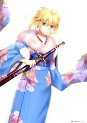  absurdres ahoge alternate_costume artoria_pendragon_(fate) blonde_hair caliburn_(fate) cherry_blossom_print fate/grand_order fate_(series) female floral_print fur-trimmed_kimono fur_trim green_eyes hair_between_eyes hand_on_hilt highres holding holding_sheath holding_sword holding_weapon japanese_clothes keisuke_desu~ kimono obi official_alternate_costume saber_(fate) saber_(first_sunrise)_(fate) sakuramon sash sheath short_hair smile solo sword weapon wide_sleeves 