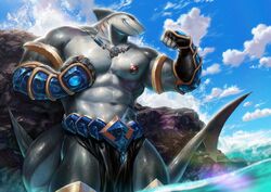  anthro armor belt clothing cloud fish gills glaive gloves handwear jewelry male marine melee_weapon muscular muscular_anthro muscular_male necklace nipples nviek5 outside polearm sea shark sky solo water weapon 